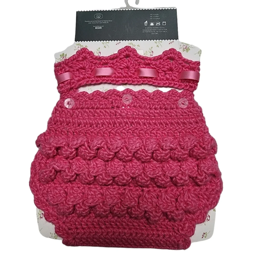 2 Piece Crochet Set Pink Crown and Diaper Cover by Laura Ashley 0- 6 mon…
